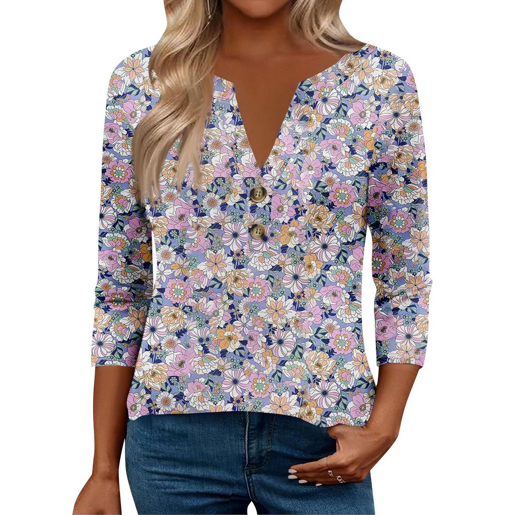 3/4 Sleeve Womens Tops For Women Henely Tops Button V Neck  Loose Fit Dressy Womens Summer Tops