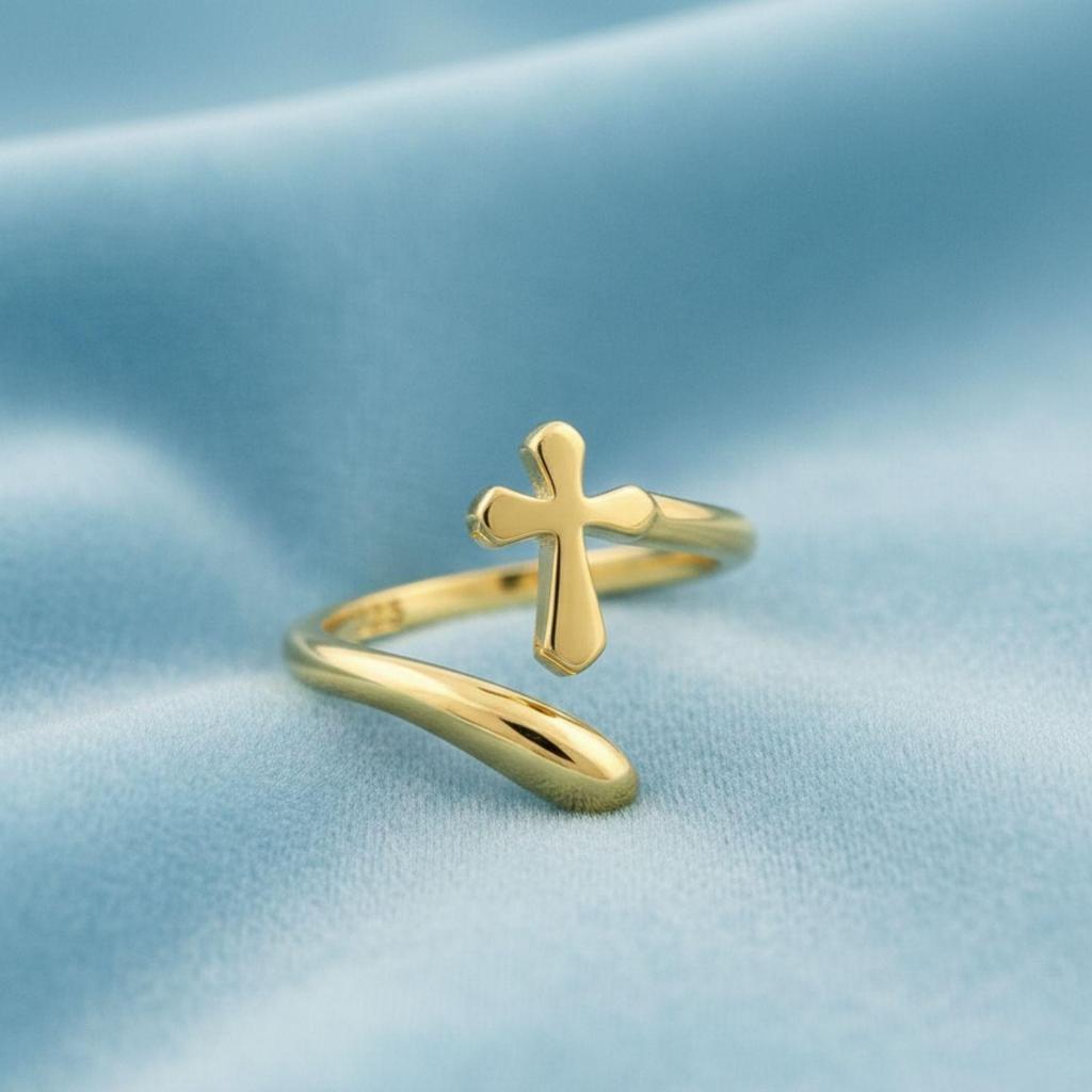 925 Sterling Silver Gold Vermeil Open Cross Adjustable Women Ring