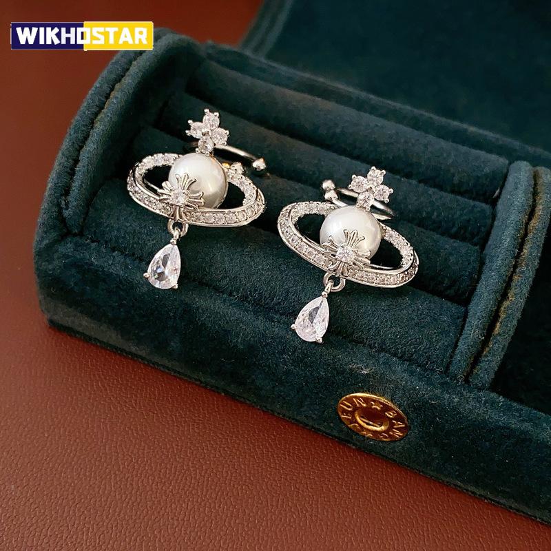 Zircon Water Drop Pearl Earring for Women French Retro No Ear Hole Clip Earrings Light Luxury Wedding Bride Jewelry