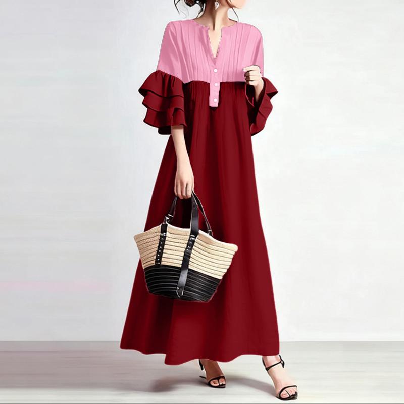 

ZANZEA Женское повседневное платье с V-образным вырезом, оборками и рукавами 3/4, свободного кроя, длинное 5XL вино красного