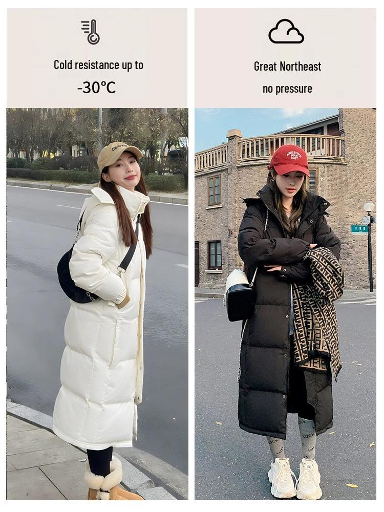 Dámská dlouhá péřová bunda nad kolena - Zima 2025, korejský styl, volný střih, silná výplň z bílého kachního peří, kabát střední délky pro páry
