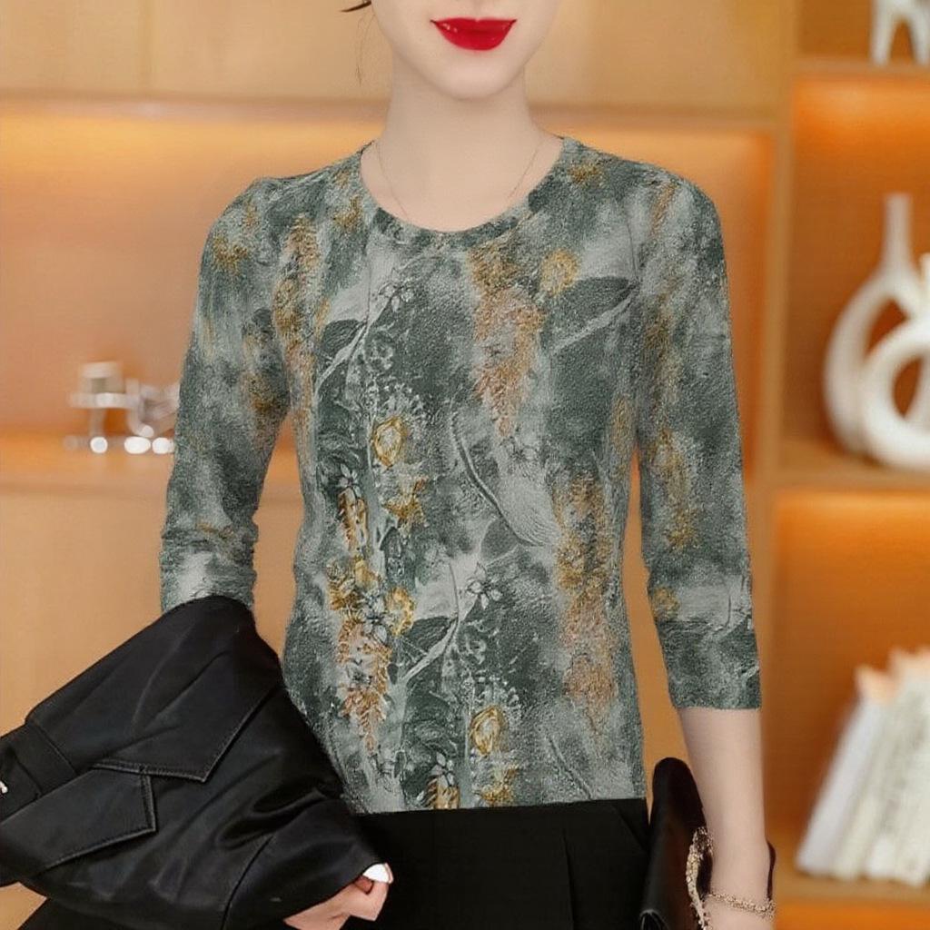 

Jian Lou Retro Print Round Neck Long Sleeve Slim Fit Top for Women - Stylish & Versatile 3XL