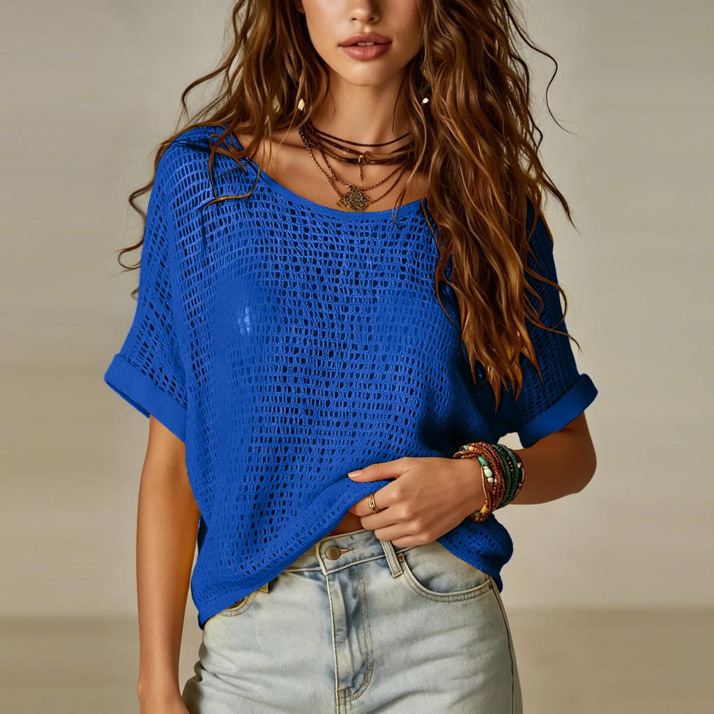 Women's Short-sleeved Knitted Top, Spring/summer Sweater, Openwork Beach Cover-up.