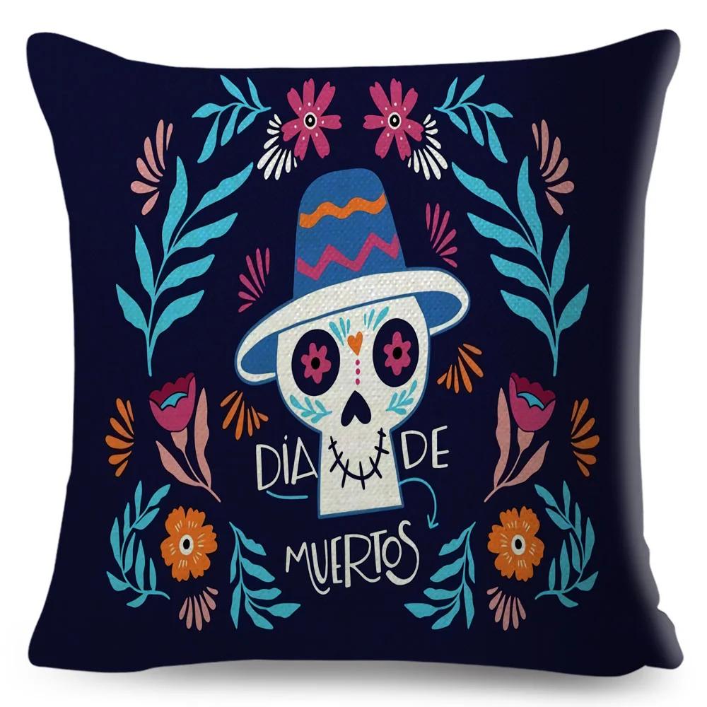 Day Of The Dead Pillowcase Decor Cartoon Mexico Flower Skull Print Cushion Cover for Sofa Home Polyester Pillow Case 45x45cm