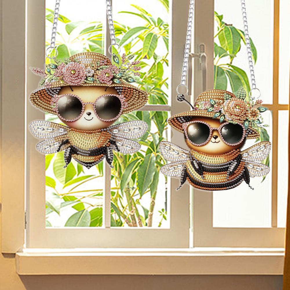 2pcs Bee Theme 2D Flat DIY Diamond Painting Set Hanging Diamond Art Kits Diamond Art Pendant Window Hanging Art for Home Decor