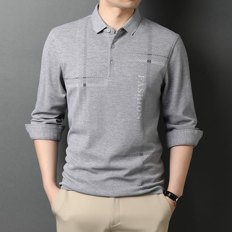 Frühling und Herbst Neues Herren Langarm T-Shirt Jung und Mittelalt Revers Papa Kleidung Locker Gestreiftes T-Shirt Unterhemd