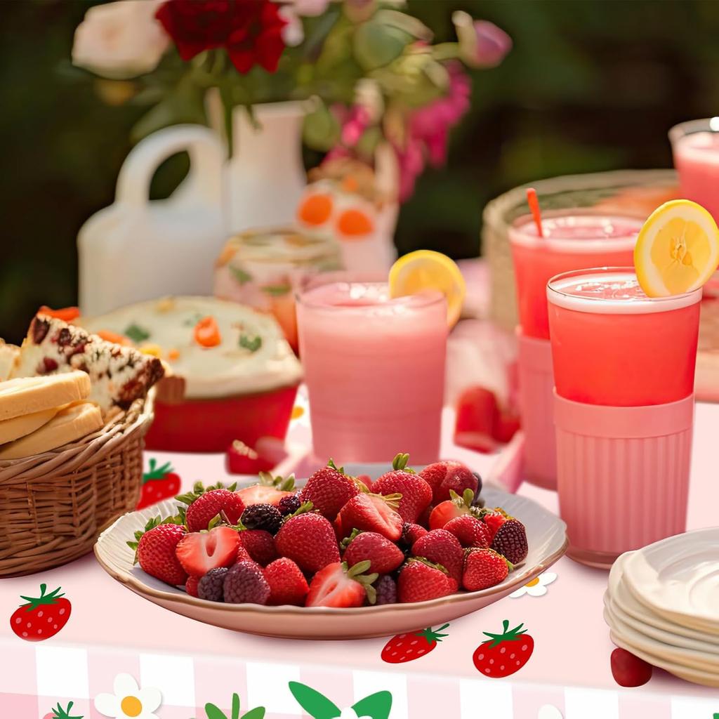 2 Pcs Strawberry Tablecloth, 54 x 108 Inch Pink Plaid Checkered Strawberry Tablecloth, Gingham Berry Sweet One Table Covers for Baby Shower, Berry