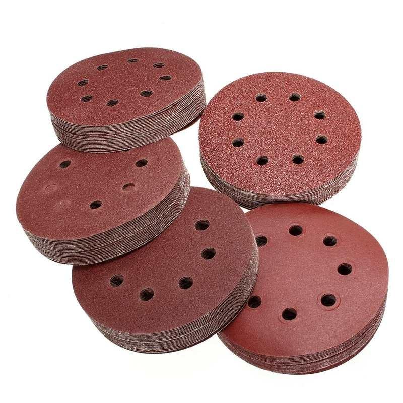100PCS 5 Inch 8 Hole Red Sanding Disc Flap Sandpaper Velour Dry Polishing Self Adhesive Backing Grit Polish Pad