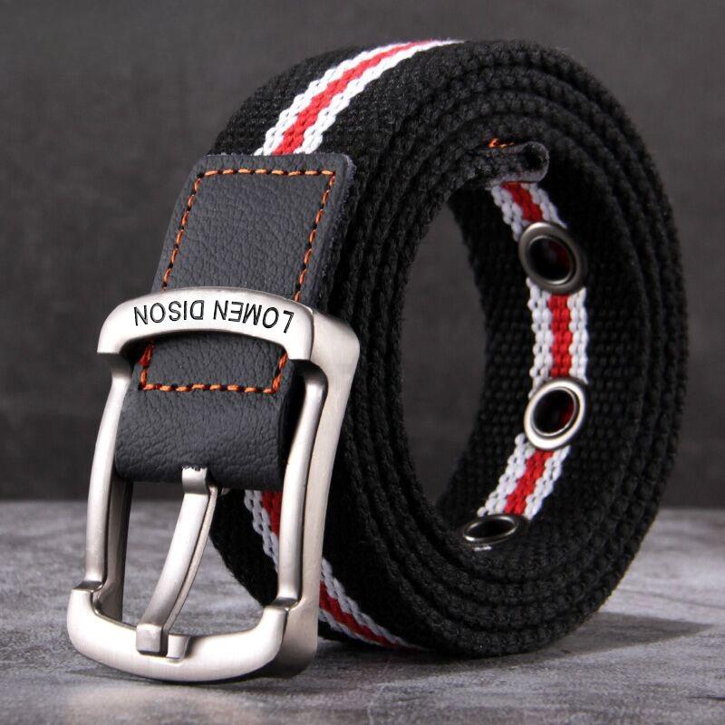Men's Canvas Belt with Alloy Pin Buckle - Woven Design, Solid Color with Stripes, 3.5cm Wide, Sports/Outdoor Style