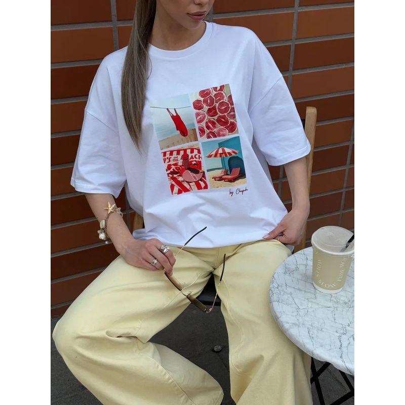 Western Style Fashion Casual Loose Print Round Neck Short Sleeve Cotton T-shirt Top Printed T-shirt Top