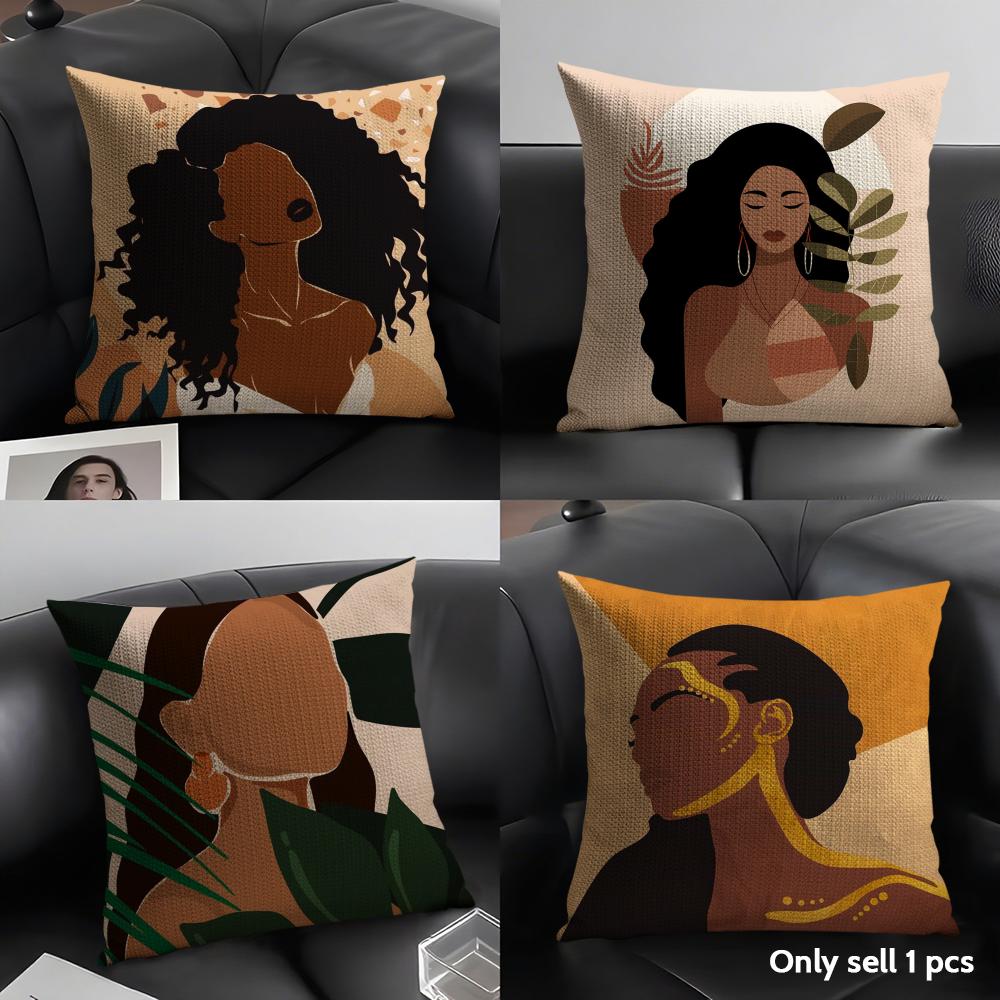 African Women Cushion Cover Natural Linen Organic Fabric Double-Sided Printing Sofa Home Decor Gift Pillow Case