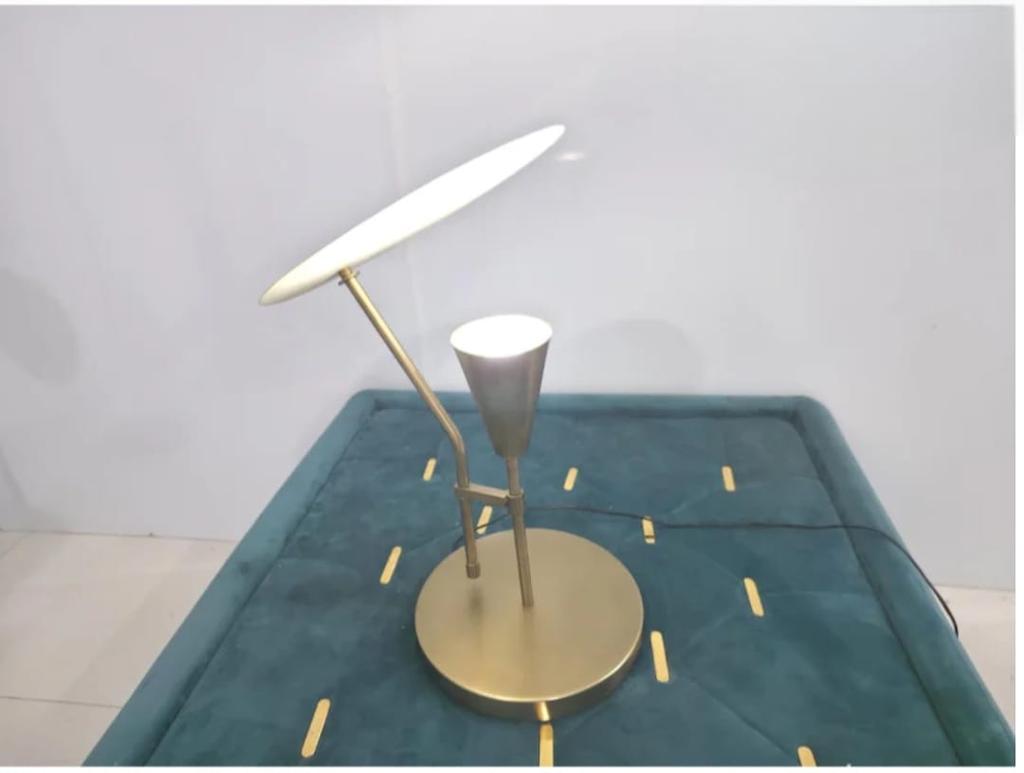 Mid-Century Italian Raw Brass and White Table Lamp Bedroom & Office Lighting Reflector Light