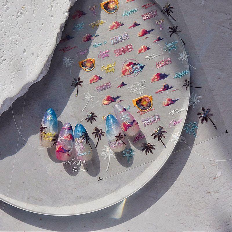 

Shell Bright Color Coconut Cloud Nail Stickers Tomoni Relief Net Red Sun Nail Stickers Decorations Embossed Coconut Tree Clouds 652