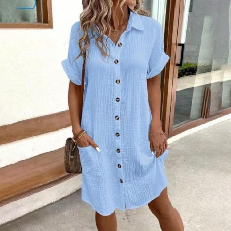 Letnia casualowa sukienka bawełniano-lniana z dekoltem w serek i kieszeniami, z krótkim rękawem, plażowa sukienka letnia, damska, zapinana na guziki