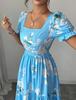 Women's Floral Print Maxi Dress Square Neck Puff Sleeve Tiered Ruffle Hem Long Dress for Vacation Beachwear
