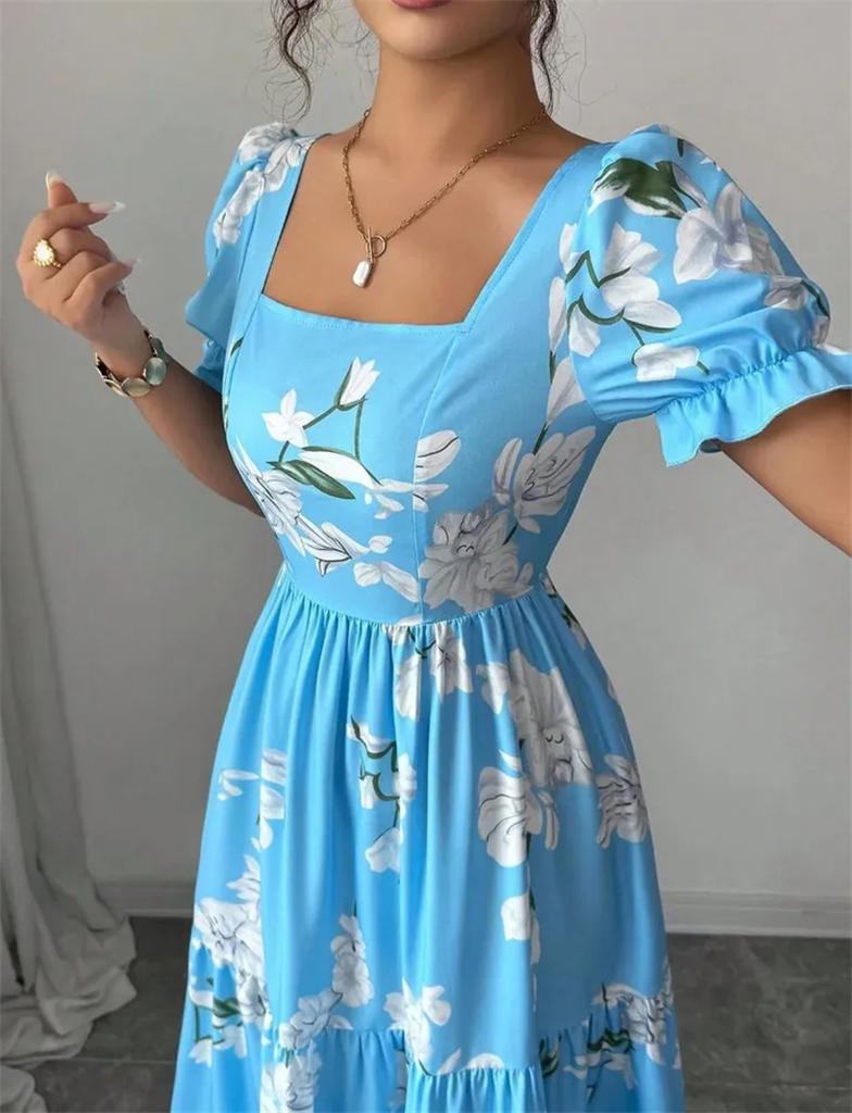 Women's Floral Print Maxi Dress Square Neck Puff Sleeve Tiered Ruffle Hem Long Dress for Vacation Beachwear