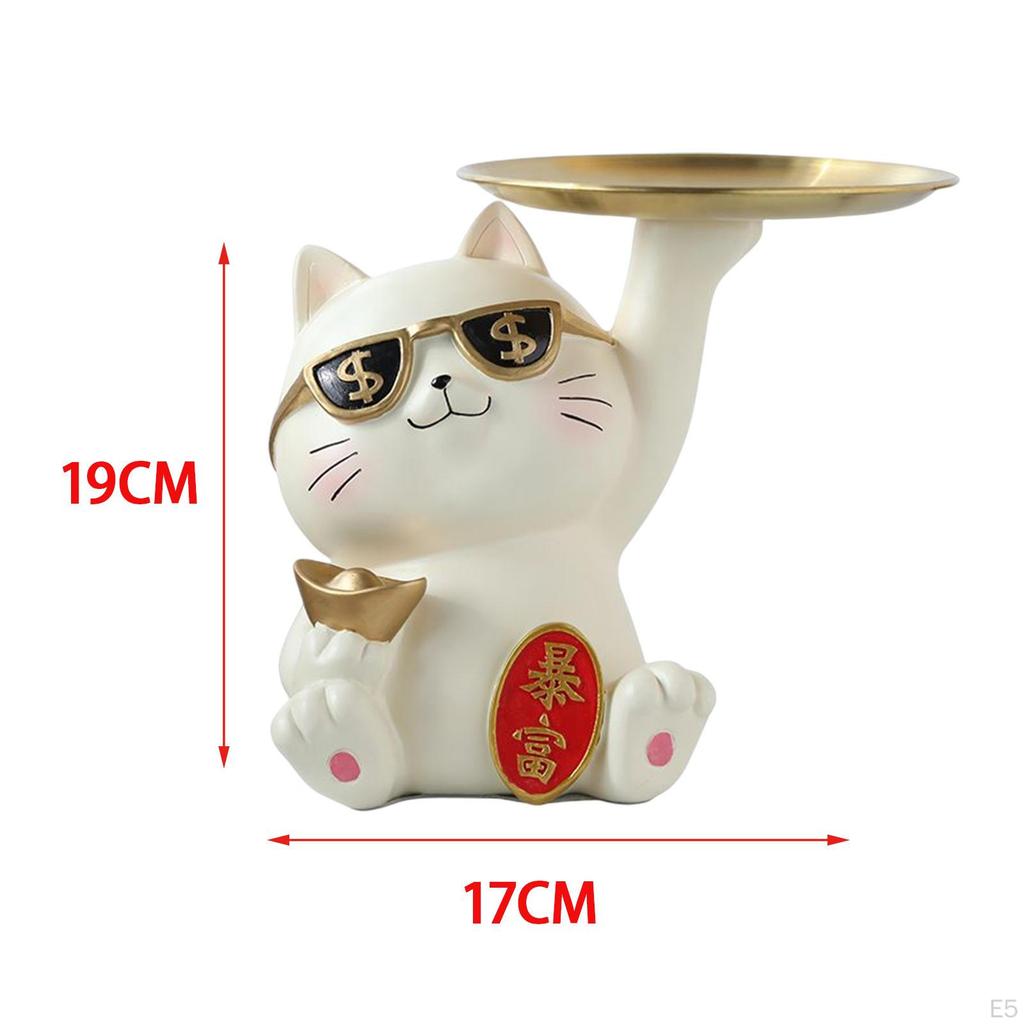 Kreative Glückskatzen-Statue mit Tablett Schlüsselhalter Harz-Kätzchen-Figur Ornament Schreibtisch-Organizer für