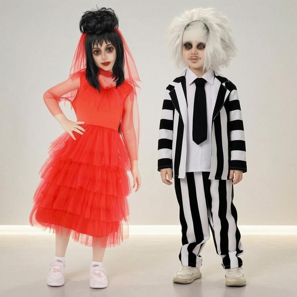 Unterwelt-Meister Beetlejuice Lydia Halloween Kostüm Mit Gestreiftem Polyester Für Kinder Und Erwachsene