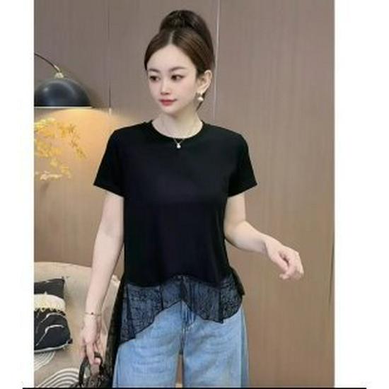

Lace Hem Patchwork Slimming T-Shirt for Women - 2026 Fashionable, Age-Reducing, Stylish Summer Short Sleeve Top 4XL (140-155 lbs) чорний