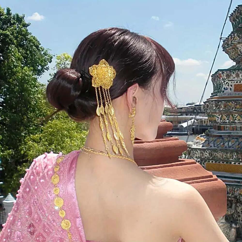 Ancient Thai Metal Flower Hair Fork Silver Rose Hair Sticks  The Water-Sprinkling Festival