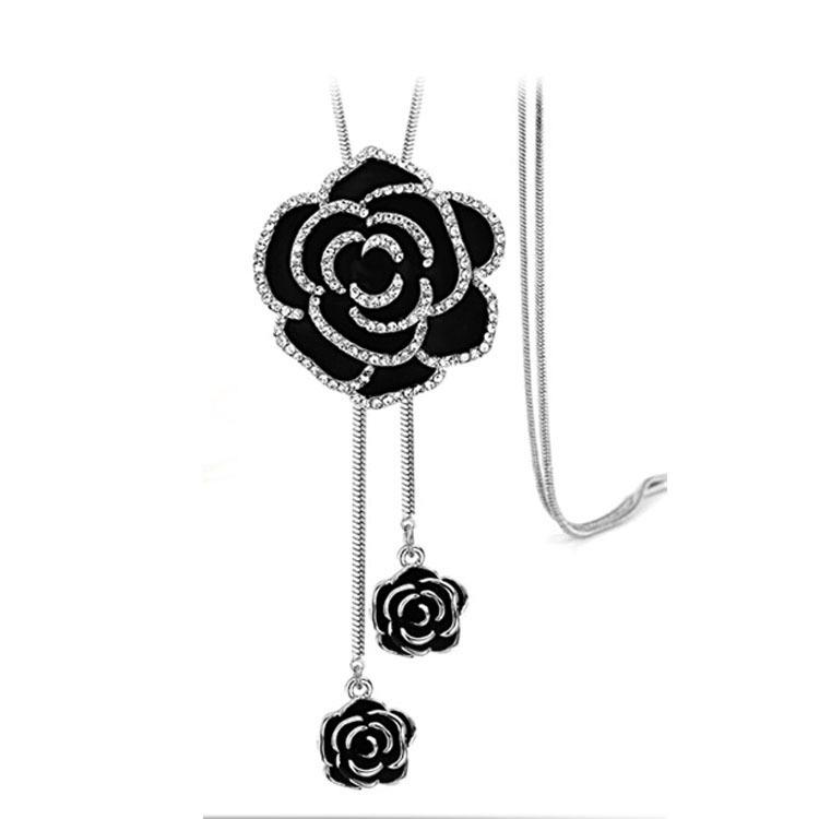 Korean Rose Flower Pendant Necklace - Retro Drip Oil Long Chain for Women