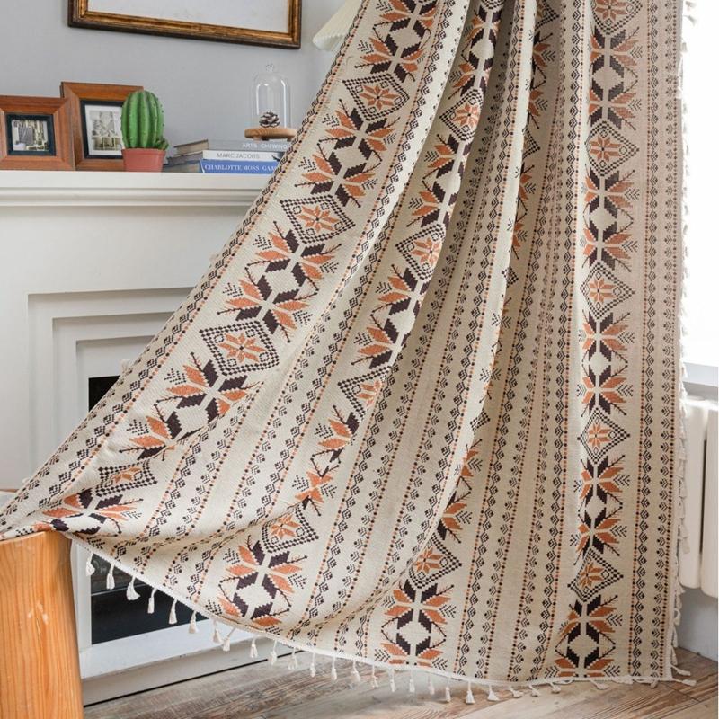 

Coffee Snowflake Curtain Jacquard Fringe Kitchen Valance American Style Country Bay Window Bedroom Semi-blackout Window Curtain W150 x H160cm&Threading Rod