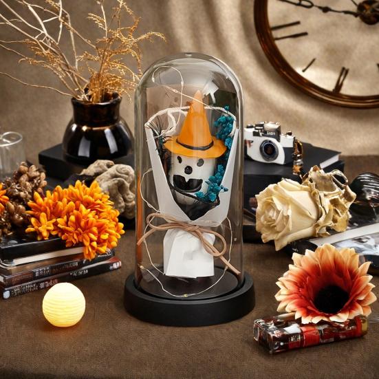 LED Clear Dome Pumpkin Night Light Halloween Light-up Pumpkin In Cloche with Artificial Flower for Home Kitchen Mantel Party Decor