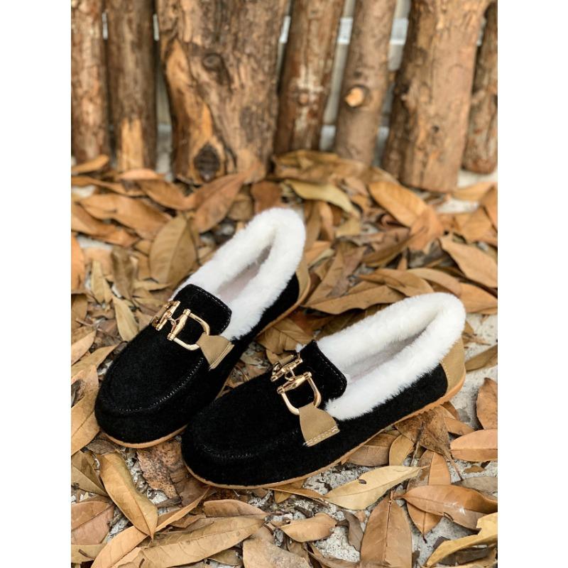 Autumn and Winter Plus Fluffy Metal Decoration One Pedal Warm Doudou Cotton Shoes Large Size Women's Shoes