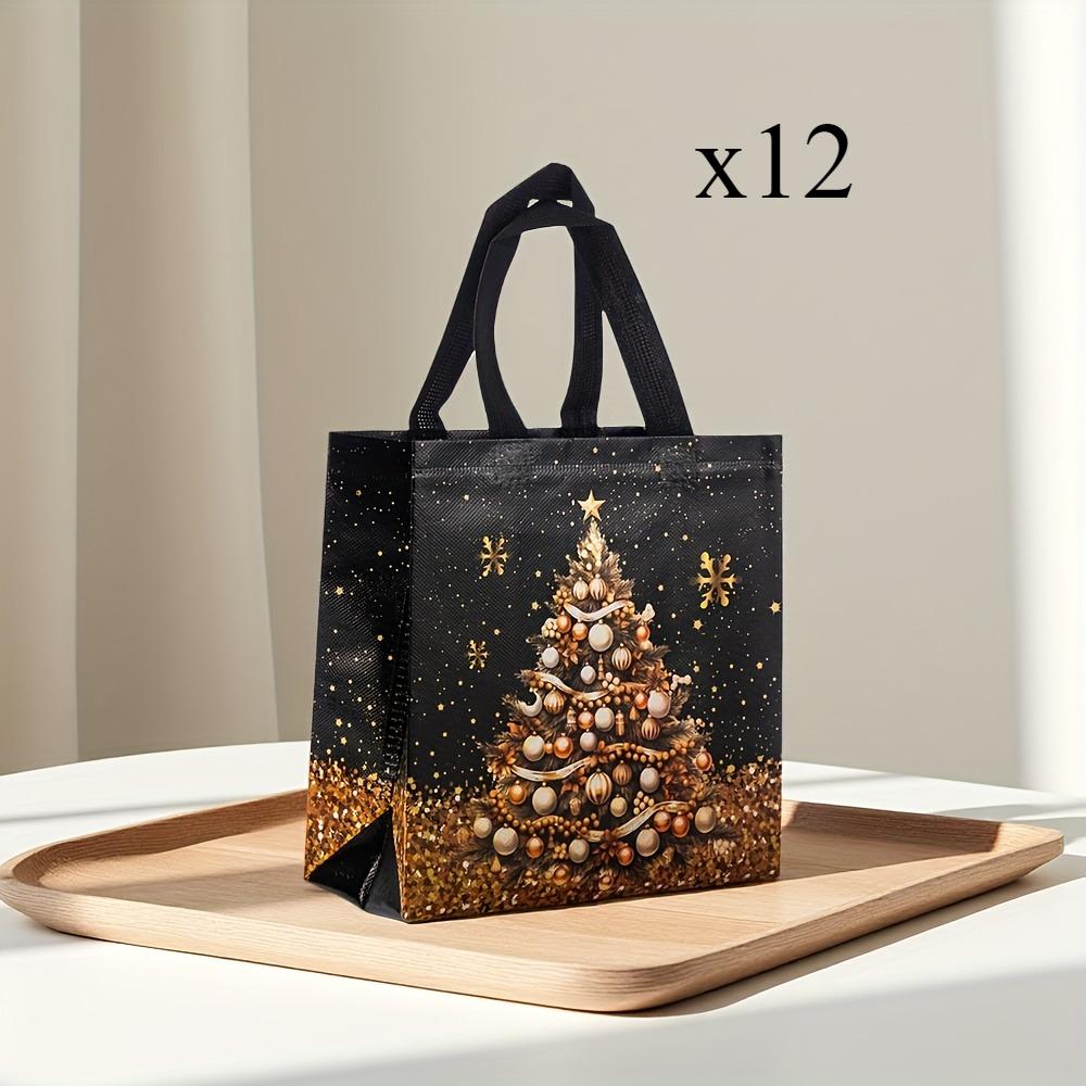 12/20 stuks Feestelijke Kerstcadeautasjes - Sneeuwpop-, Boom- & Kousdesign, Zwart & Goudkleurig met Handvatten, Kerstcadeautasjes