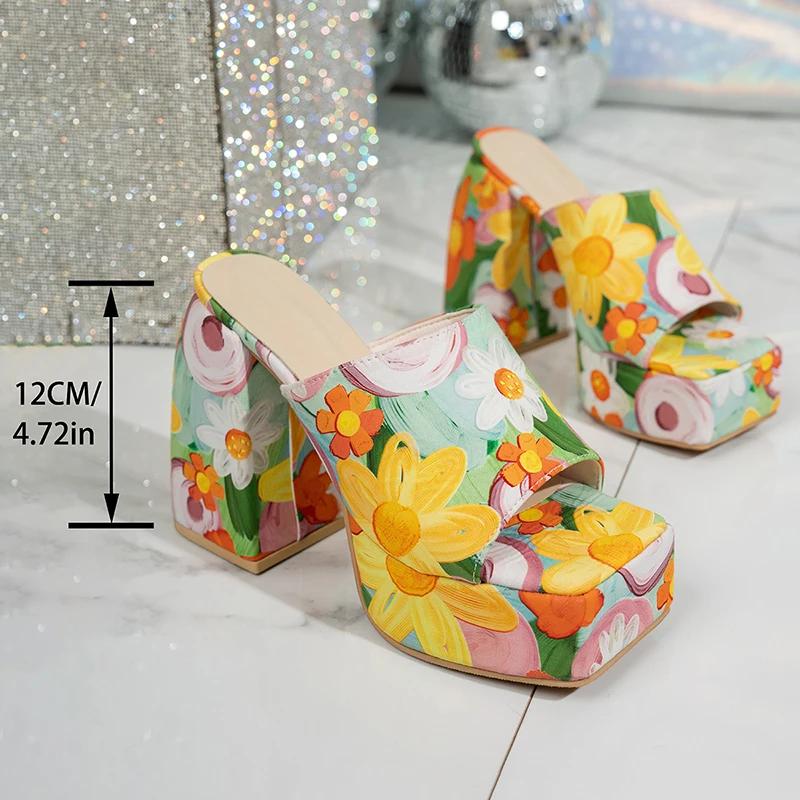 Fashion Chunky Platform Thick Heels Sandals Women Summer 2025 Super High Heeled Square Toe Mules Shoes Woman Holiday Floral Sandalias 42