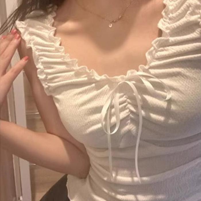 Sweet wind splicing fungus edge vest women's spring and summer age reduction slim fit with short suspender top