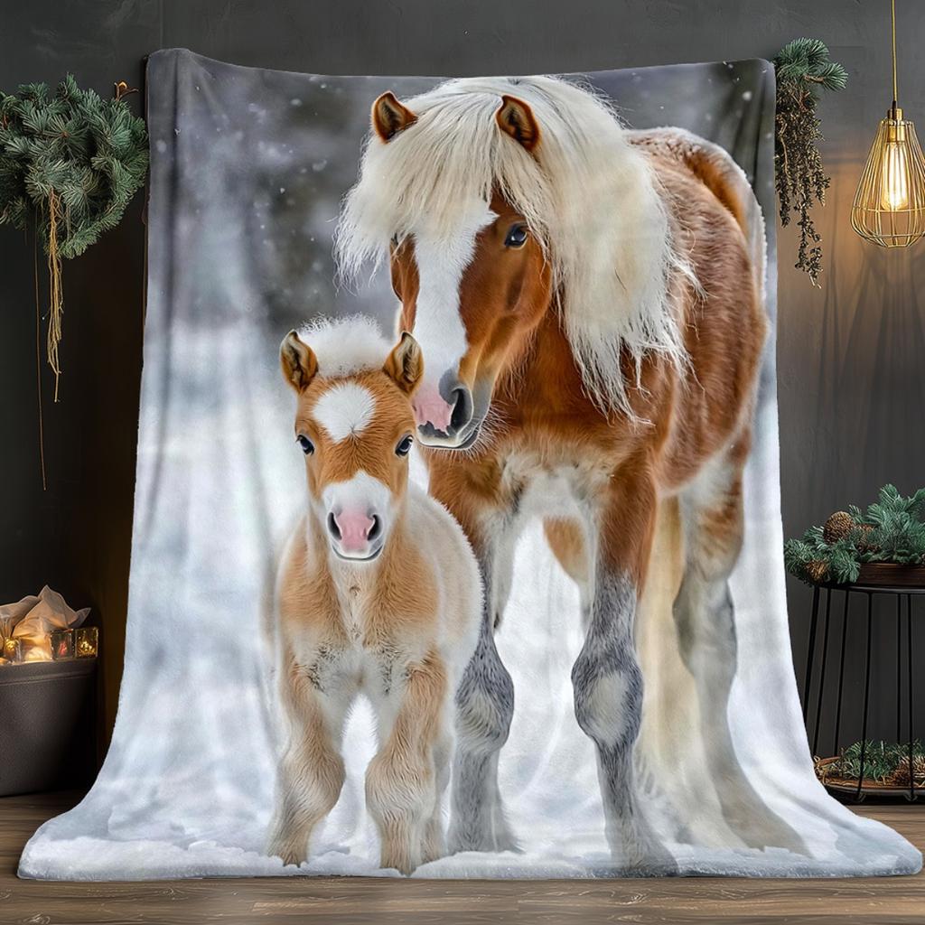 Pferd und Fohlen im Schnee Wintertier Fleece-Decke Mutter und Fohlen Pferd Liebe Thema Weiche Gemütliche Überwurfdecke für Zuhause Schlafzimmer Dekoration
