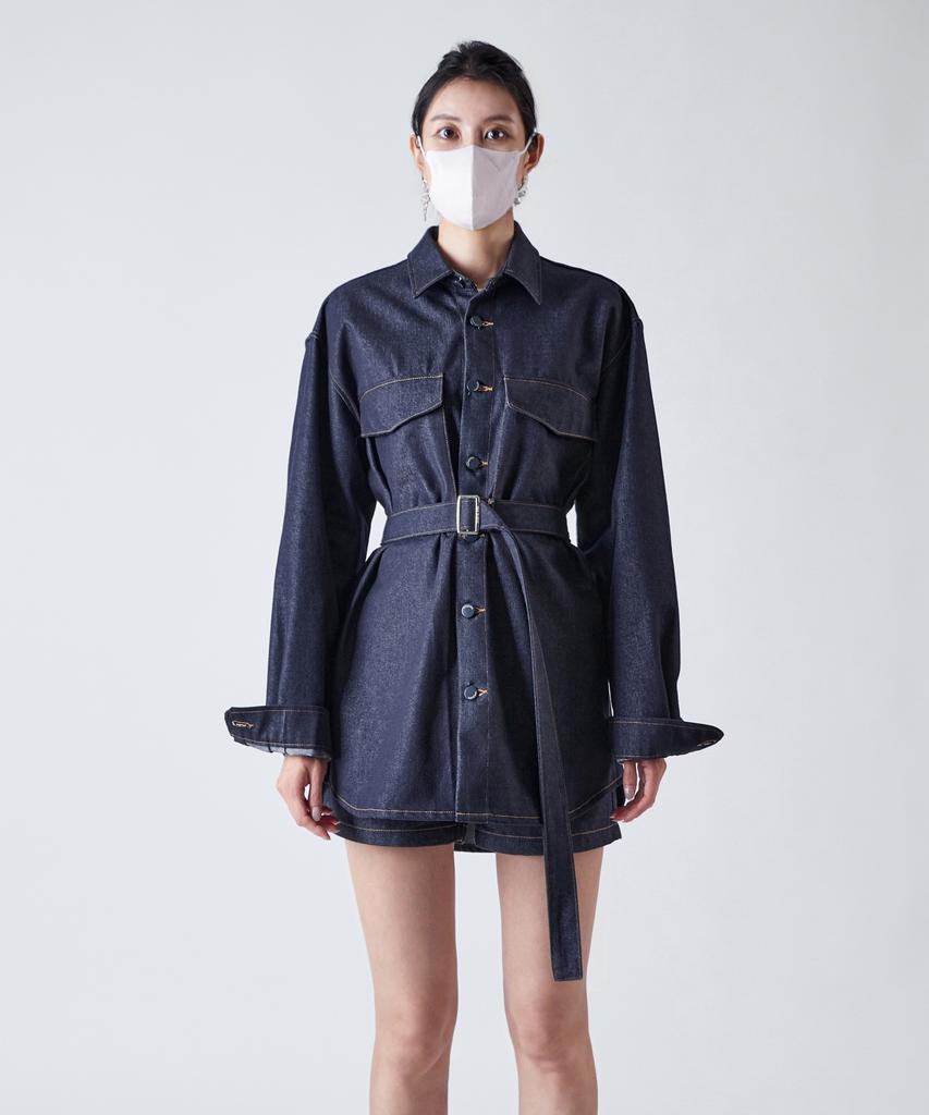 SALON DE SEOUL High-Waisted A-Line Denim Shorts W - Indigo Blue