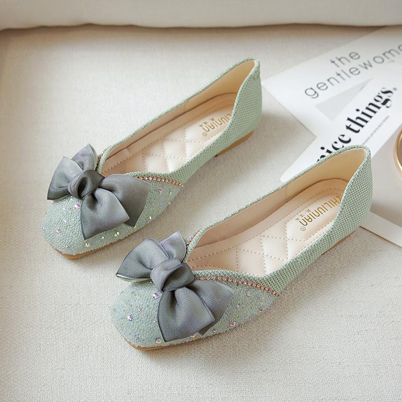Fashion Colorful Small Beads Moccasins Women Silk Lace Bow Flat Shoes Square Toe Soft Bottom Slip On Loafers Woman Ballet Flats Size 43