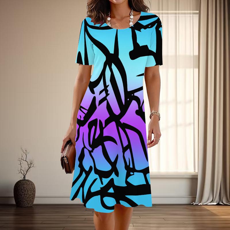 

Женская мода изящный узор линии принт лето весна короткий рукав О-образный вырез повседневные платья 2XL фиолетовый