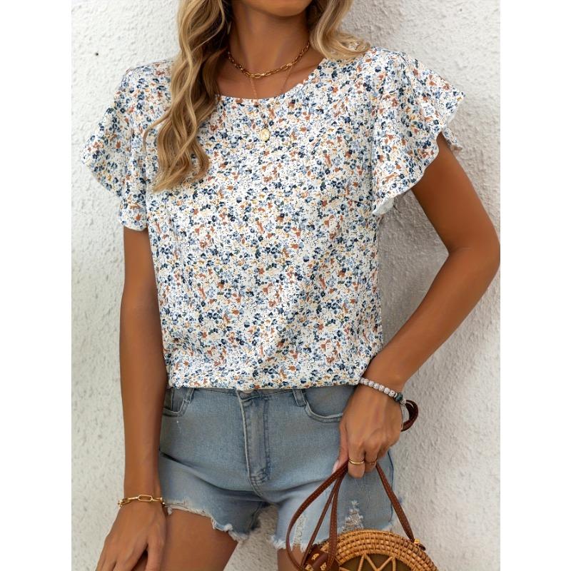 Women S Floral Ruffle Sleeve Short Sleeve Blouse S