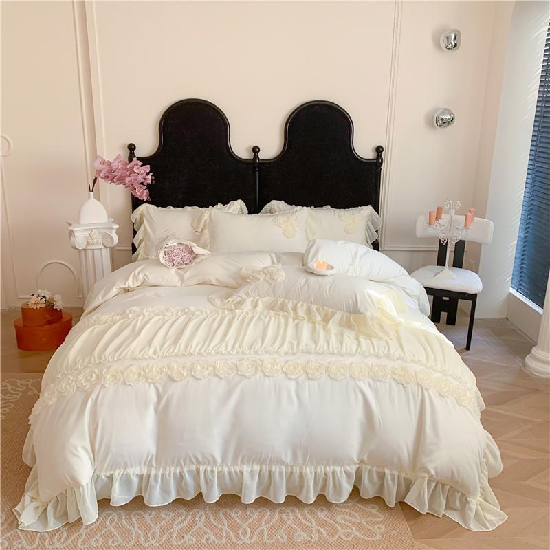 4Pcs Korean Princess Style Flowers Lace Ruffles Bedding Set Queen King Duvet Cover Bed Skirt/Bed Sheet/Fitted Sheet Pillowcase