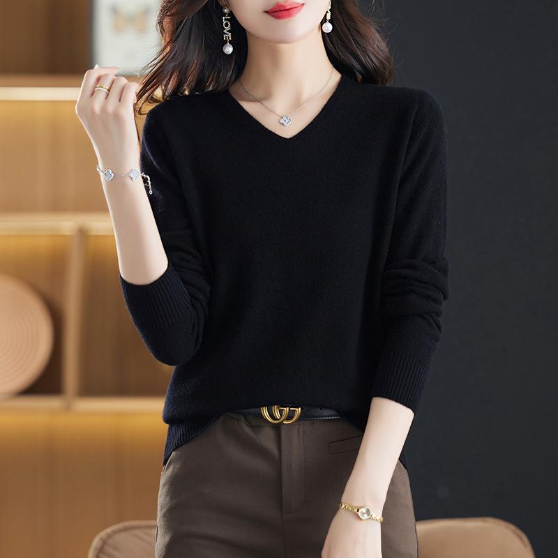 Women's Pure Wool V-Neck Pullover Sweater - Autumn/Winter Loose Casual Knit