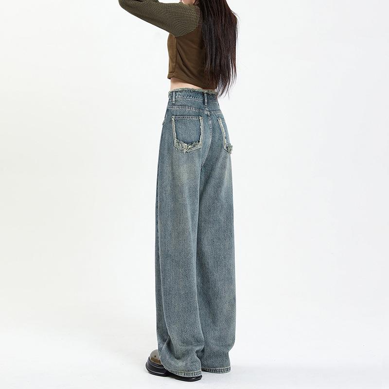 Women's American Retro Wide-Leg Jeans, High Waist, Straight Loose Fit, Floor-Length, Spring/Autumn 2023 Design 