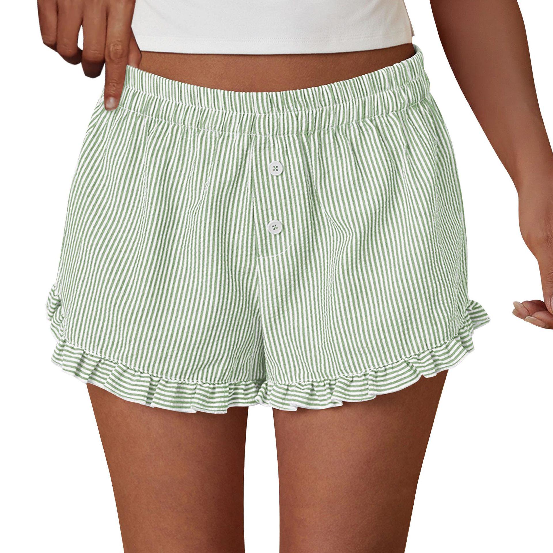 

European & American Striped Low-Waisted Wide-Leg Shorts - Women s Two-Button BM Style S светло-зеленый