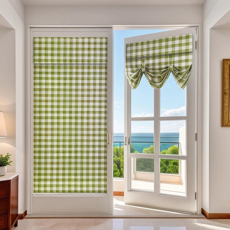 Opaque Door Curtains Polyester Home Curtains Multicolor Checkered Blackout Curtains American Farmhouse Decorative Door