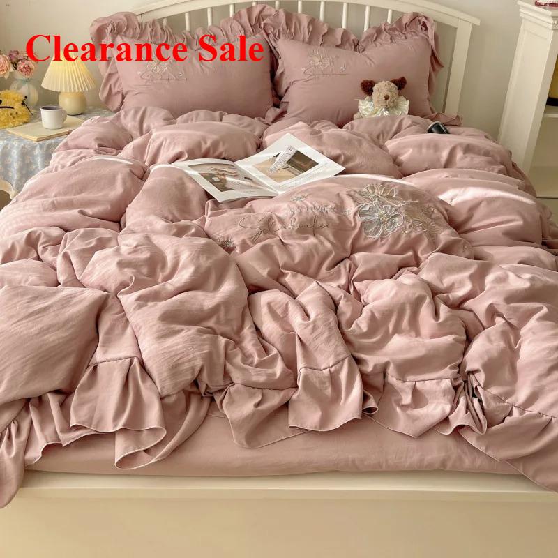New lace embroidery small fresh and cute girl heart bed four-piece set washed cotton summer bed sheet quilt cover bed hat