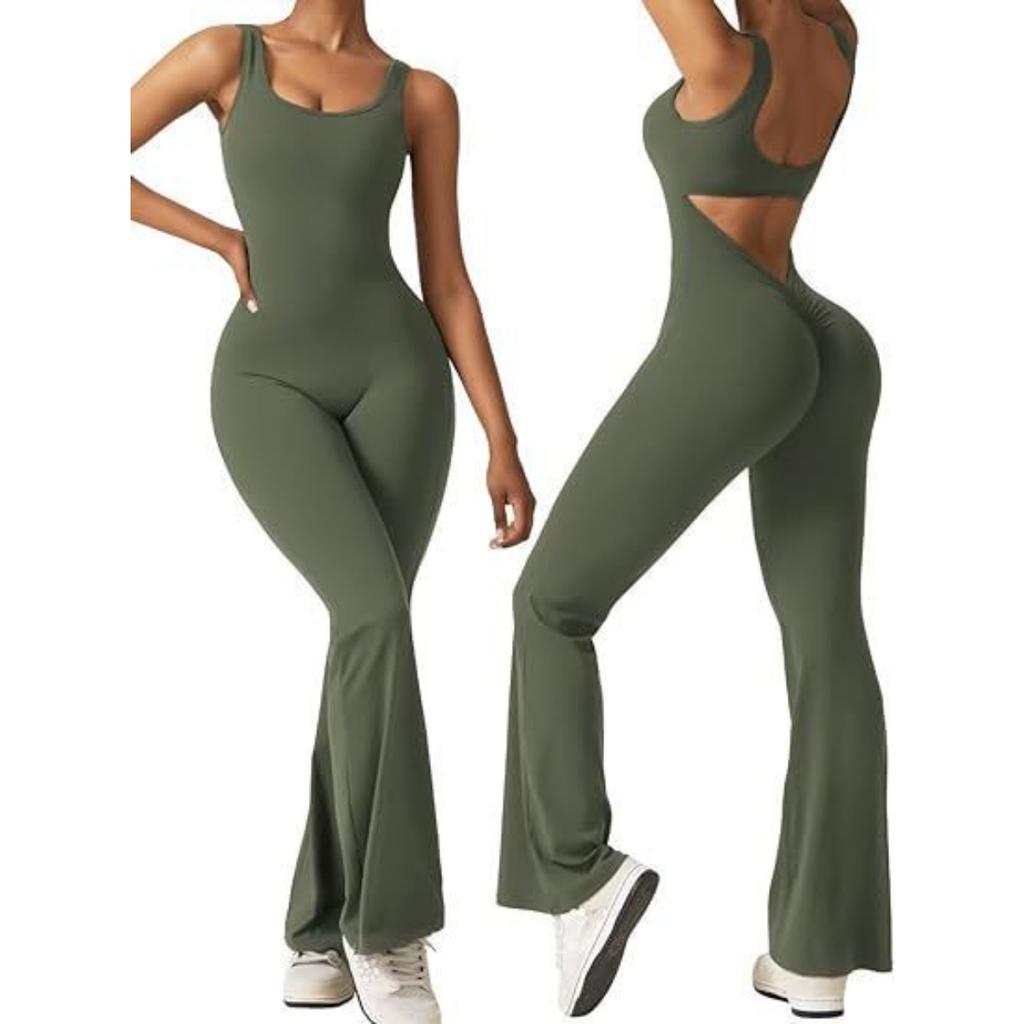 Women's Square Neck Sleeveless Jumpsuit Slim High Waist Back Cutout Flare Yoga Unitard