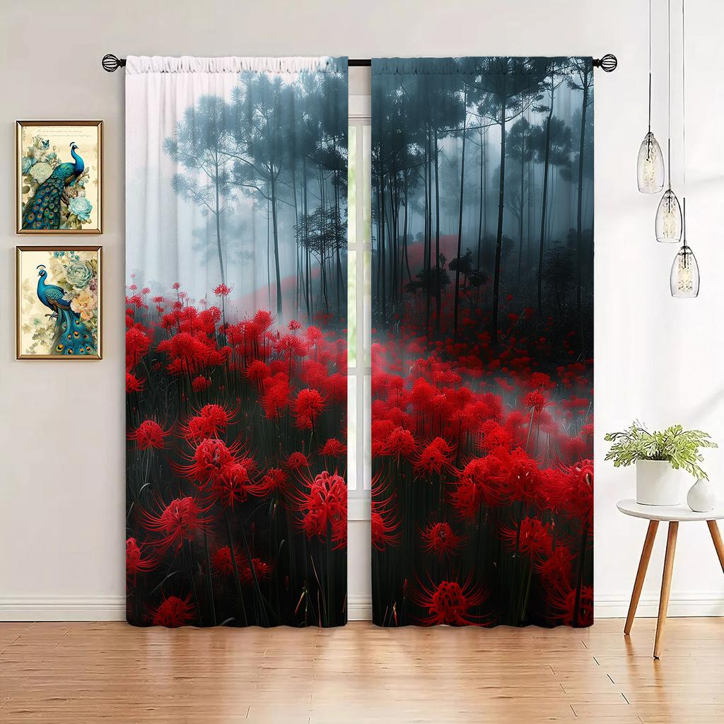 2pcs Lycoris Printed Curtain for Home Decor - Rod Pocket Window Treatment for Bedroom, Office, Kitchen, Living Room, and Study