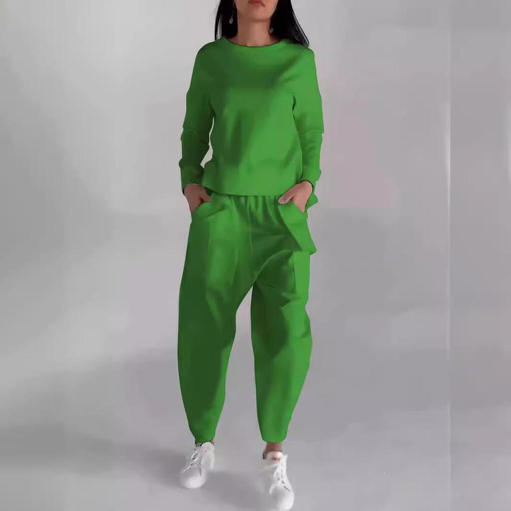 2024 Trendy Multi-Pocket Solid Color Casual Sports Pants Set with Lacing