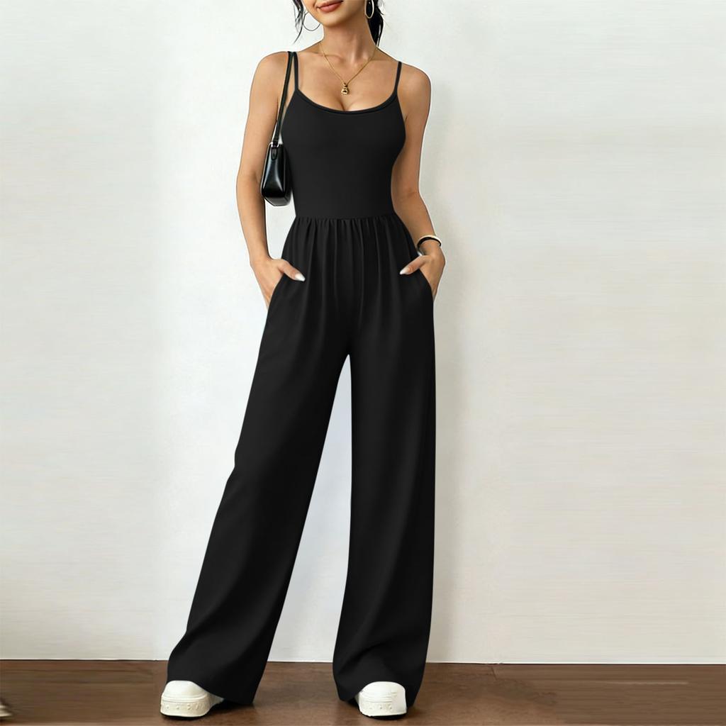 Women's Fashionable Casual Plain-Coloured -Neck Wrap-Around Wide-Leg Loose-Fit Jumpsuit