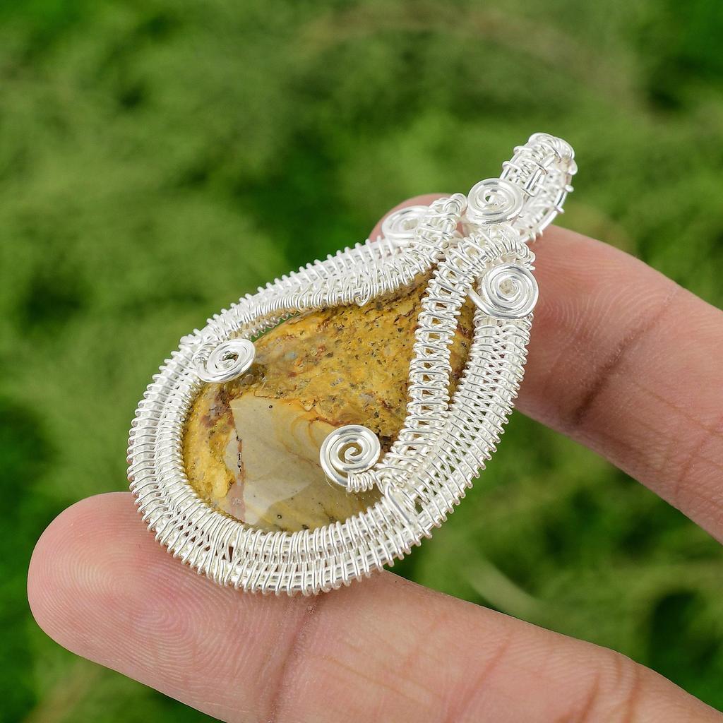 Pear Picture Jasper Stone Sterling Silver Wire Wrapped Elegant Pendant Jewelry