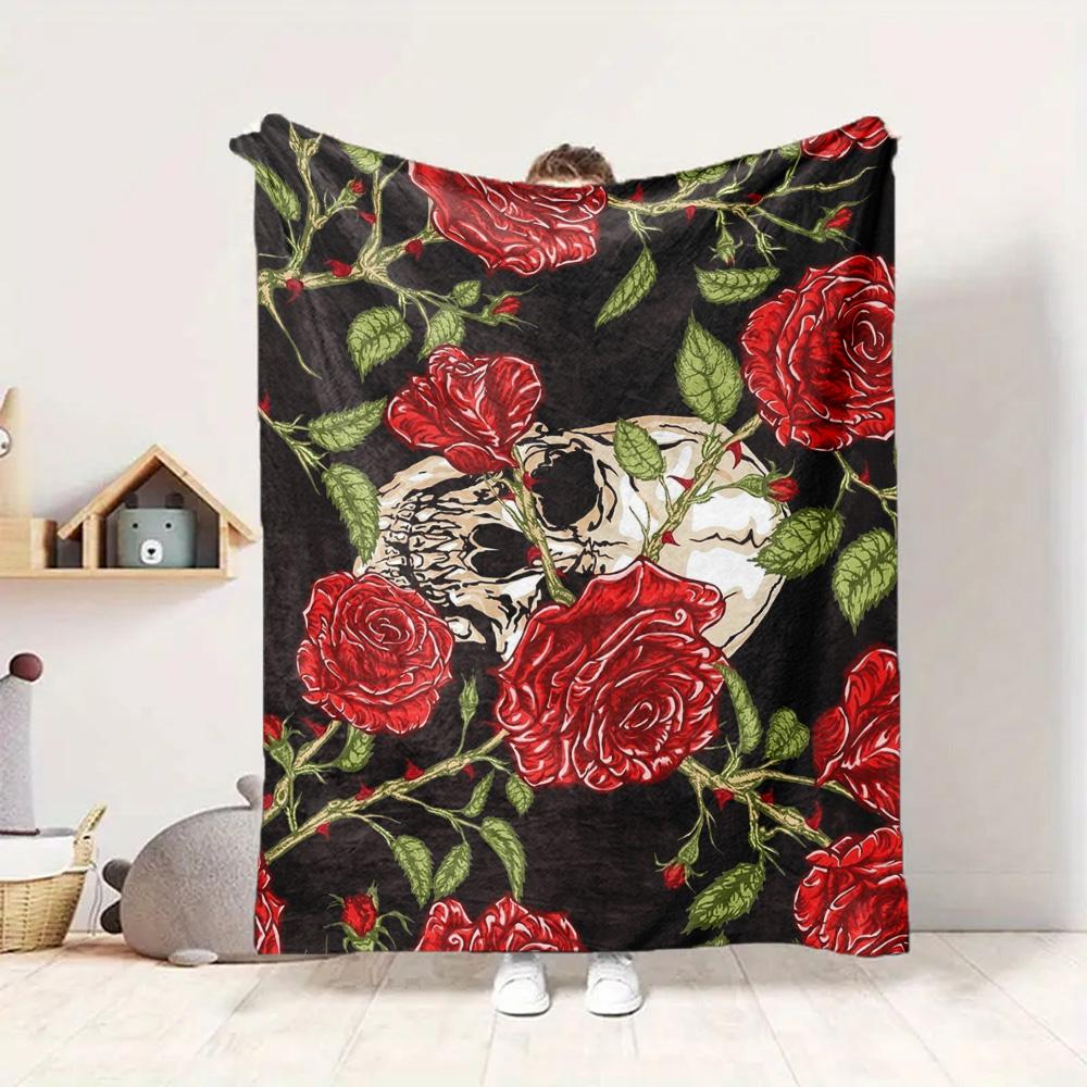 Skull Roses Flannel Blanket Throw Blanket Soft Warm Sofa Bed Camping Car home Decor Unique Christmas Gift C930534