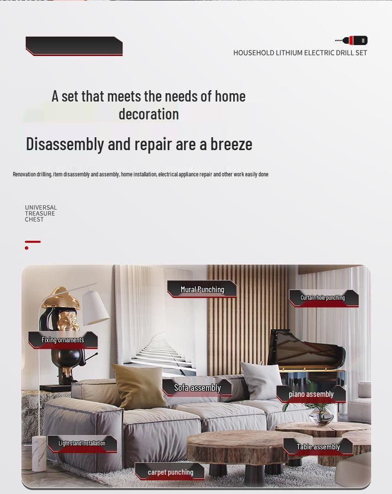 Cordless Lithium Battery Drill Hand Tool Set for Electricians & Carpenters - Multifunctional Repair Kit with Tool Box