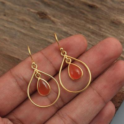 Carnelian Gemstone Yellow Gold Plated 100% 925 Sterling Silver Handmade Dangle Earring